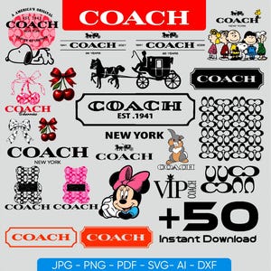 May include: A collection of Coach-branded graphics and logos, including the brand name, Snoopy, Minnie Mouse, and a carriage. The designs feature various colors and styles, with text that reads "New York" and "Instant Download."