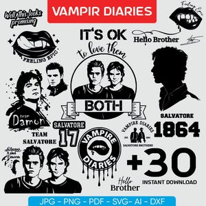 May include: A collection of black and white graphics featuring text and illustrations related to the Vampire Diaries. Includes phrases like "Hello Brother," "It's OK to love them," and character silhouettes. Also includes the text "Instant Download."