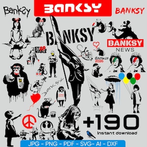 Puede incluir: Una colección de imágenes de arte de esténcil al estilo Banksy en blanco y negro, que incluyen una niña con globos, un mono con una bebida y una figura sosteniendo una bandera. La palabra "BANKSY" se muestra en rojo y negro. El texto incluye "+190 Descarga instantánea".