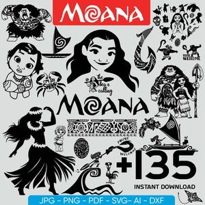 May include: A collection of black and white Moana-themed digital cut files. The image includes various characters, graphics, and the word "Moana" in red. The image also includes the text "You're Welcome" and "Instant Download".