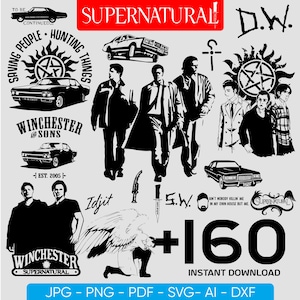 May include: Black and white graphic design elements featuring cars, characters, and text from the television show "Supernatural." Includes the show's title, the phrase "Saving People, Hunting Things," and the Winchester brothers. Also includes the text "+160 Instant Download."