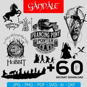 May include: A selection of black and white illustrations with fantasy themes. Includes a rearing horse, a wizard, a door, and the text "Prancing Pony" and "Hobbit". The image also includes the text "+60 INSTANT DOWNLOAD".