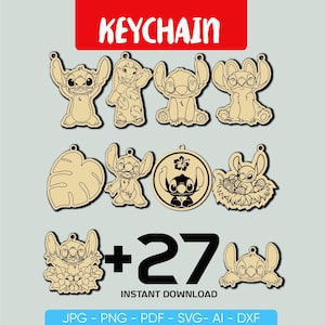 May include: A collection of wooden keychains featuring various designs of a cartoon character. The keychains are in different poses and styles, with a leaf and a circular design also included. The word "KEYCHAIN" is at the top, with "+27 INSTANT DOWNLOAD" below.