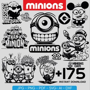 May include: A collection of black and white Minions-themed graphics, including various character illustrations, logos, and text elements. The word "Minions" appears in red and white. Includes the text "+175 INSTANT DOWNLOAD" and file type options.