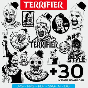 May include: A collection of black and white Terrifier-themed digital art designs. The designs include various illustrations of a scary clown with a top hat, along with the word "TERRIFIER" and the phrase "NEVER GOES OUT OF STYLE".