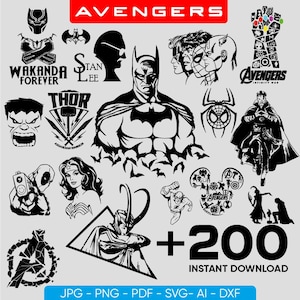 May include: A selection of black and white illustrations of superheroes and comic book characters, such as Batman, Thor, and Spider-Man. The word "AVENGERS" is at the top, with "+200 INSTANT DOWNLOAD" below the images. File formats are listed at the bottom.