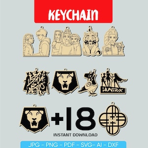 Peut inclure: Une collection de porte-clés découpés au laser avec divers motifs. Les porte-clés présentent des images de personnes, d'animaux et de logos. Le mot "KEYCHAIN" est en haut en rouge. Le bas de l'image indique "+18 INSTANT DOWNLOAD" et répertorie les types de fichiers.