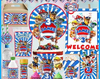 Kit de aniversário para cachorro menino, editável no Canva, faça você mesmo, decoração de festa com tema de cachorro resgatado.