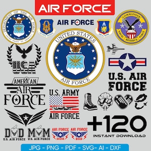 May include: A collection of Air Force-themed graphics, including seals, logos, and text elements. The designs feature eagles, stars, and the American flag, with text such as "Air Force" and "U.S. Air Force". The image also includes the text "+120 Instant Download".