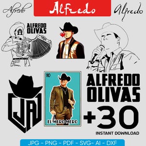 Puede incluir: Gráficos digitales con el nombre "Alfredo" y ilustraciones de un hombre con sombrero de vaquero. Incluye imágenes de un acordeonista, un cantante y una carta con el texto "El Mero Mero".