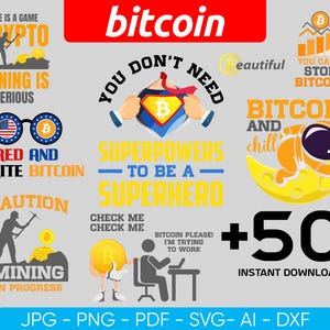 Könnte beinhalten: Ein digitales Grafikdesign mit Bitcoin-bezogenen Illustrationen und Text. Die Designs umfassen Sätze wie "Mining is Serious", "Red and White Bitcoin" und "You Don't Need Superpowers to be a Superhero". Das Bild enthält auch Dateiformatoptionen.