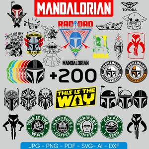 May include: A collection of Mandalorian-themed graphics, including helmets, logos, and text. The designs feature various colors and styles, with the phrase "This is the Way" prominently displayed. The image also includes the text "+200".