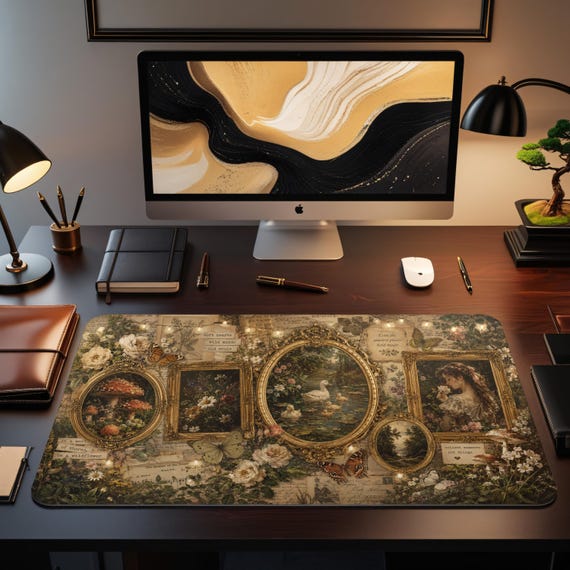 Vintage Botanical Desk Mat, Cottagecore Gaming Pad, Victorian Floral Mousepad XL, Dark Academia Office Mat, Gold Frame Garden Desk Pad