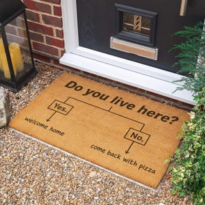 May include: A rectangular tan coir doormat featuring a black flowchart graphic with the text Do you live here? followed by two branches. One branch leads to a box labeled Yes with the text welcome home, and the other to No with come back with pizza.