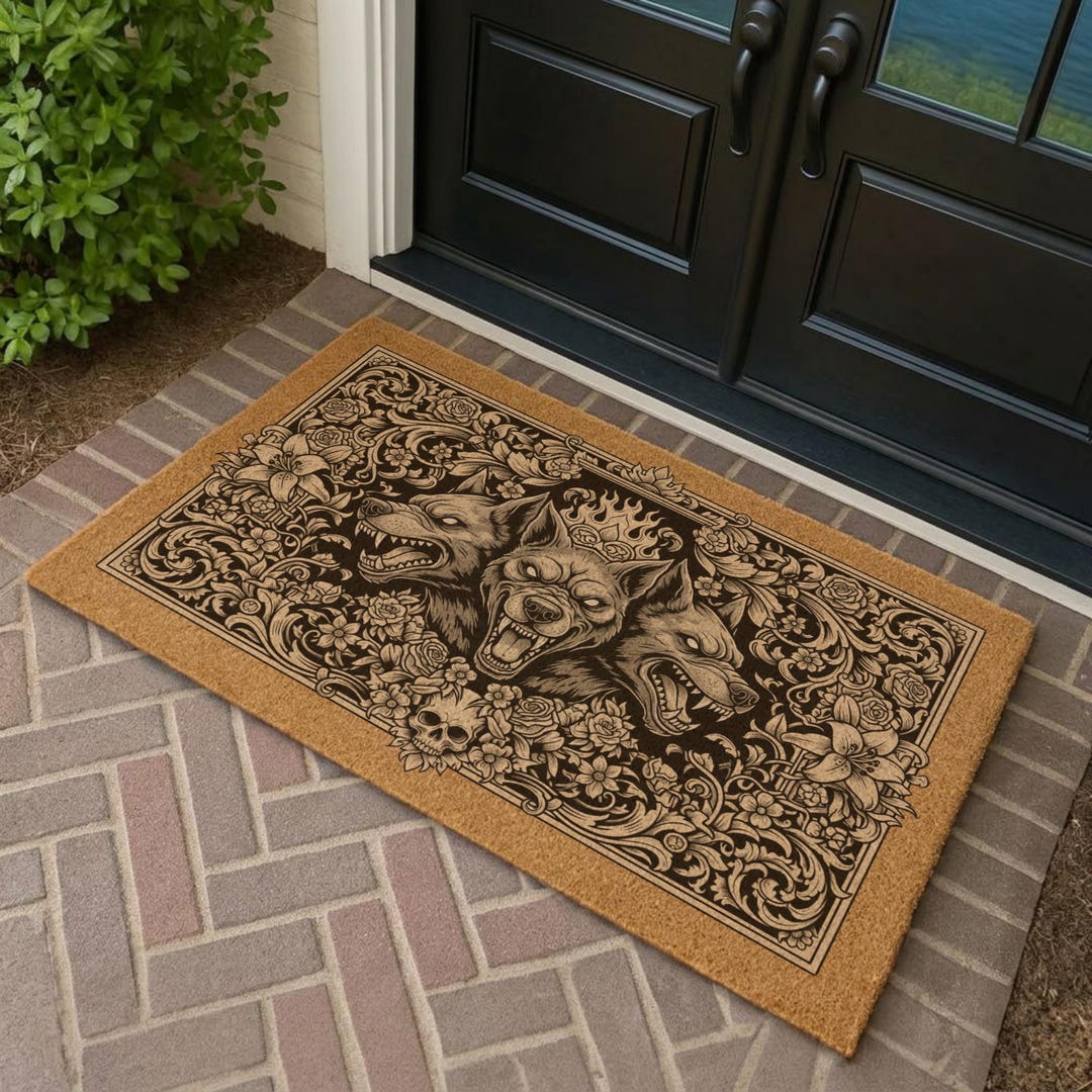 Three Headed Wolf Doormat, Cerberus Doormat, Gothic Welcome Mat, Dark ...