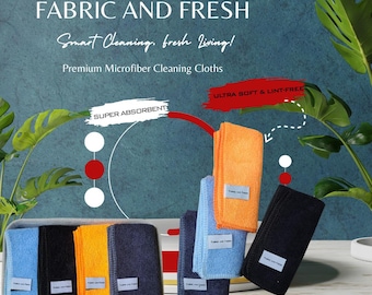 Op de afbeelding: Een afbeelding van microvezel schoonmaakdoeken in verschillende kleuren, waaronder blauw, zwart, oranje en geel. De doeken zijn voorzien van het label "Fabric and Fresh" en worden beschreven als "Ultra Soft & Lint-Free" en "Super Absorbent". De tekst "Smart Cleaning, fresh Living!" is ook aanwezig.
