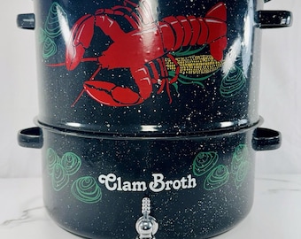 Vintage Lobster Clam Steamer Pot 2-laags zwart gespikkeld email met spigotdeksel