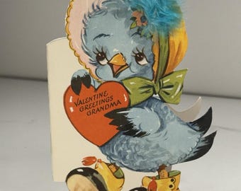 Biglietto di San Valentino con uccellino azzurro fustellato con vera piuma, biglietto per la nonna Gibson del 1948