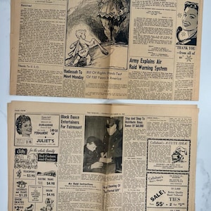 Op de afbeelding: Twee vintage krantenpagina's van The Tribune uit december 1941. De pagina's bevatten zwart-wit tekst, advertenties voor huishoudelijke artikelen en illustraties, waaronder een figuur met het label 1942 en een soldaat. Het papier is verouderd en beige.