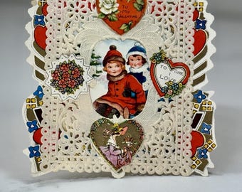 Carte de Saint-Valentin ancienne en dentelle de 1931 avec Whitney Made, scène d'enfants pour grand-mère