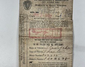 1932 Massachusetts Studebaker Phaeton Registration Card Boston MA History