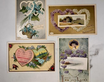 Valentine Postcards Lot of 4 Edwardian Floral Hearts Gold Embossed c1910