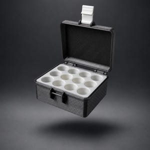May include: A dark grey rectangular storage case with a textured exterior and a hinged lid. The interior features a white insert with twelve circular indentations arranged in a grid. A white latch is positioned at the top centre of the lid.