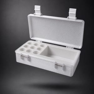 May include: A white rectangular storage case with a hinged lid and two front latches. The interior features a section with nine circular indentations and a larger open rectangular compartment for organising small items or accessories.