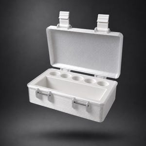 May include: A white rectangular storage case with a hinged lid and two front latches. The interior features a long rectangular compartment and a row of five circular indentations along the back edge. The exterior has a textured, matte finish.