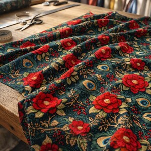 May include: Dark teal fabric with a floral pattern featuring large red roses, berries, and peacock feather eye designs. The fabric is draped over a wooden table, with tailoring tools visible in the background.