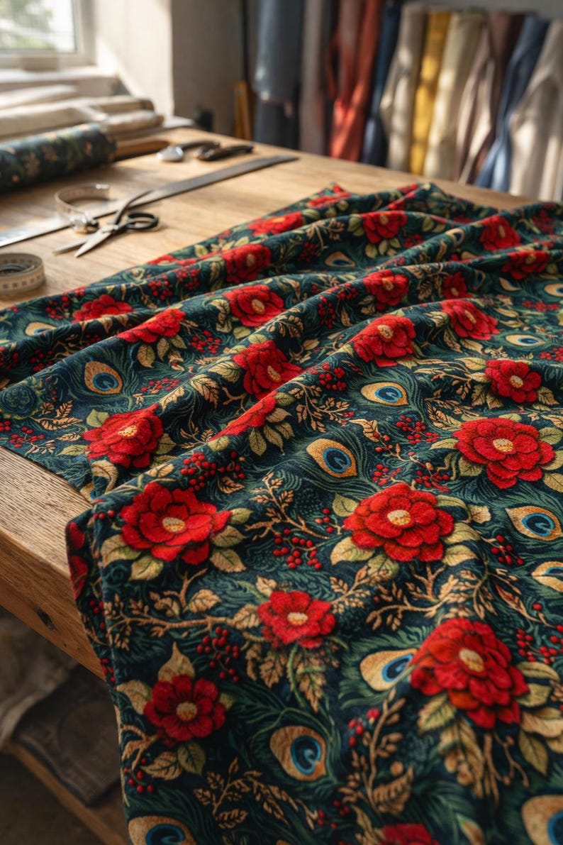 May include: Dark teal fabric with a floral pattern featuring large red roses, berries, and peacock feather eye designs. The fabric is draped over a wooden table, with tailoring tools visible in the background.