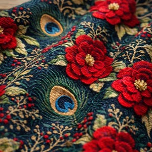 May include: Close-up of a fabric with a dark teal background featuring peacock feather designs and red floral accents. The fabric has a textured appearance, with detailed embroidery and a rich color palette. The design includes gold, green, and red elements.