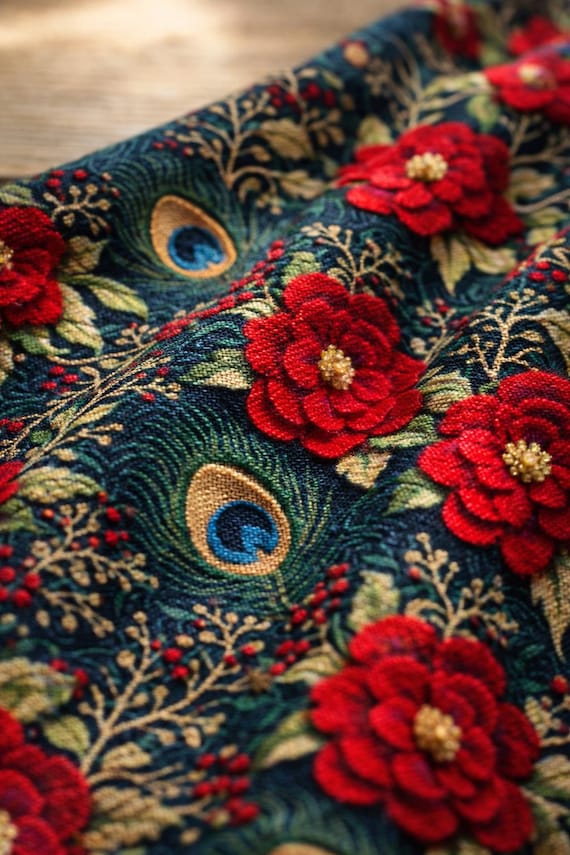 Peacock Feather Floral Upholstery Fabric by Yard Red Flower Botanical Fabric Luxury Decor Fabric for Curtains Pillow Tablecloth