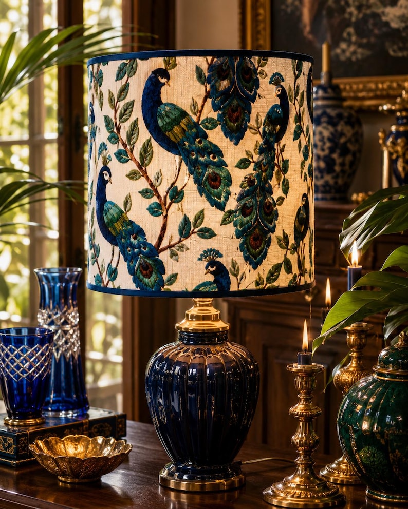 May include: A navy blue table lamp with a peacock design lampshade. The lampshade features a cream background with peacock illustrations in shades of blue and green. The lamp base is navy blue with gold accents, and other blue and gold decorative items are in the background.