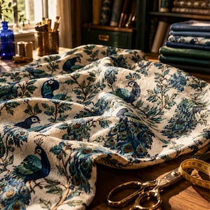 May include: Cream-colored fabric with a peacock design in shades of blue and green. The fabric is draped over a wooden surface, with scissors and a measuring tape visible. The background includes books and decorative items.