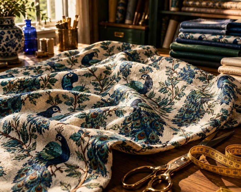 May include: Cream-colored fabric with a peacock design in shades of blue and green. The fabric is draped over a wooden surface, with scissors and a measuring tape visible. The background includes books and decorative items.
