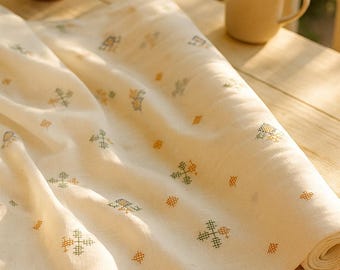 White Linen Fabric with Colorful Floral Embroidery | 100% Natural Linen Embroidered Fabric by Meter Luxury Boho Textile for Sewing & Decor
