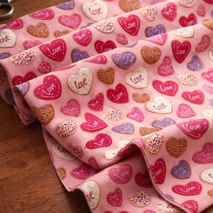 May include: Pink fabric with a repeating pattern of heart-shaped cookies and hearts. The cookies have the word "Love" on them. The hearts are in shades of pink, red, and purple. The fabric is folded, showing the pattern in detail.