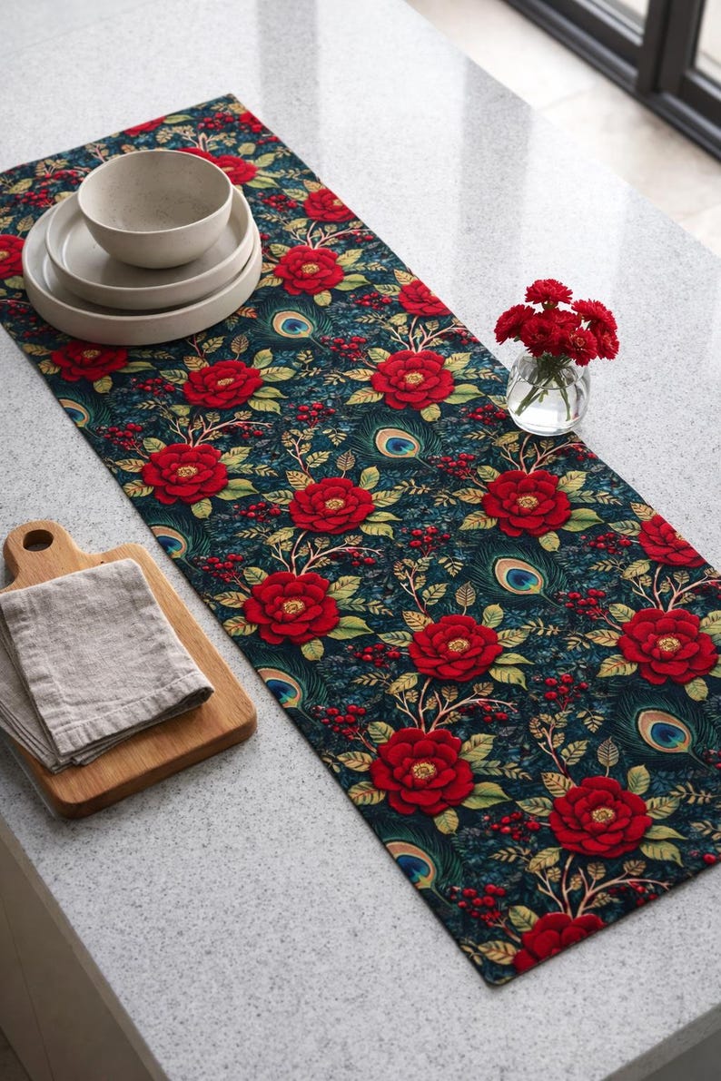 May include: A dark teal table runner with a floral pattern of large red roses, peacock feathers, and berries. The runner is on a light-colored countertop, with a stack of plates and a bowl, a wooden cutting board, and a vase of red flowers.