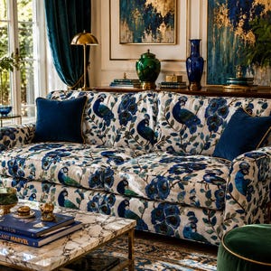 May include: A sofa with a cream-colored background and a blue peacock and floral pattern. The sofa has two navy blue throw pillows with gold trim. The room also features a marble coffee table, blue vases, and gold accents.