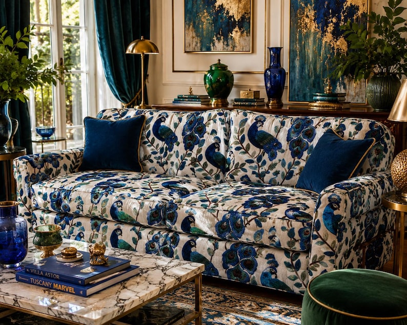 May include: A sofa with a cream-colored background and a blue peacock and floral pattern. The sofa has two navy blue throw pillows with gold trim. The room also features a marble coffee table, blue vases, and gold accents.