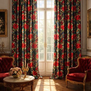 May include: Elegant floral curtains with a dark background and large red roses. The curtains frame a bright window, and the room features antique furniture, including red velvet chairs and a round table with a floral arrangement.