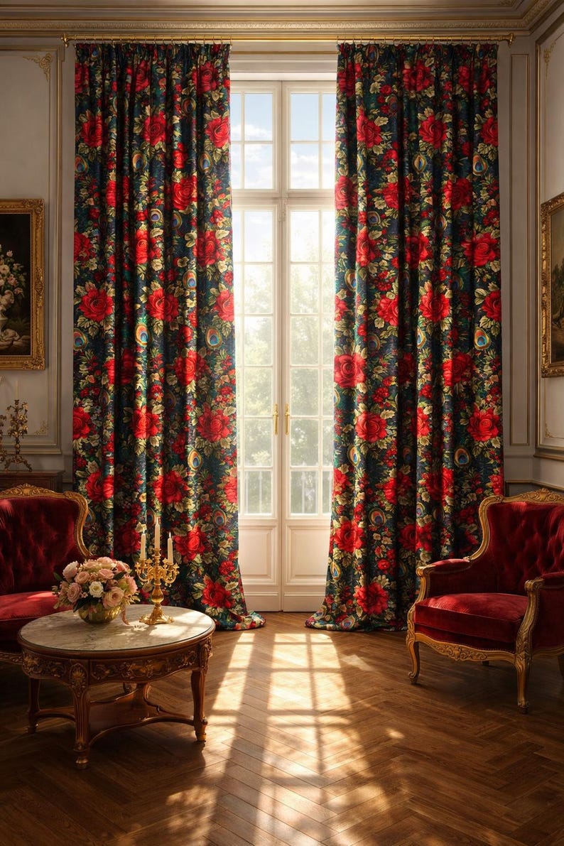 May include: Elegant floral curtains with a dark background and large red roses. The curtains frame a bright window, and the room features antique furniture, including red velvet chairs and a round table with a floral arrangement.