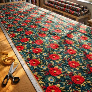 May include: A large piece of fabric with a floral pattern featuring red roses and peacock feather accents on a dark teal background. A measuring tape, scissors, and a measuring tape are on the wooden table. Rolls of fabric are visible in the background.
