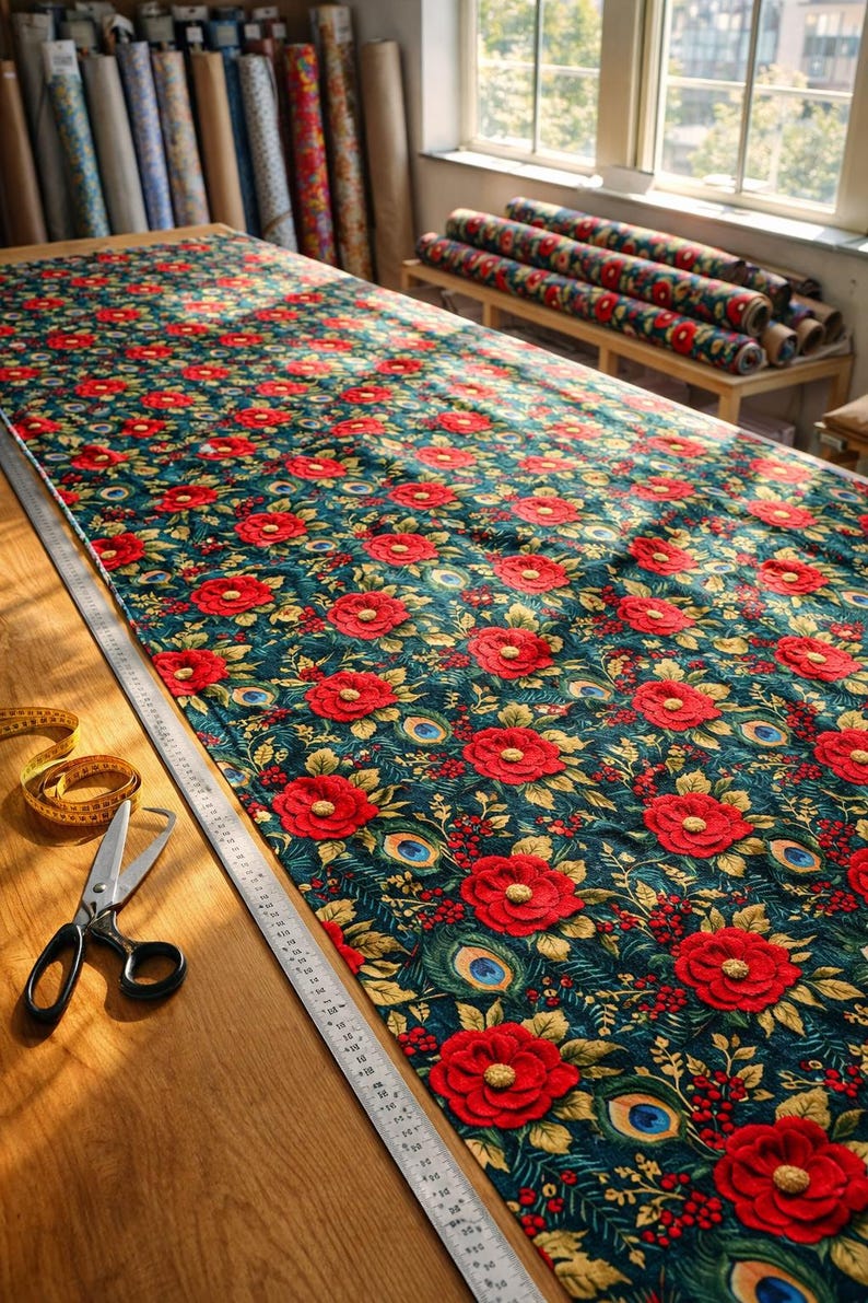 May include: A large piece of fabric with a floral pattern featuring red roses and peacock feather accents on a dark teal background. A measuring tape, scissors, and a measuring tape are on the wooden table. Rolls of fabric are visible in the background.