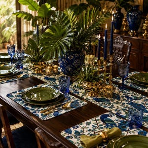 May include: A formal dining table setting with green plates, blue glassware, and gold accents. The table is adorned with a peacock-themed runner and placemats, and features a large blue vase with greenery and lit candles.