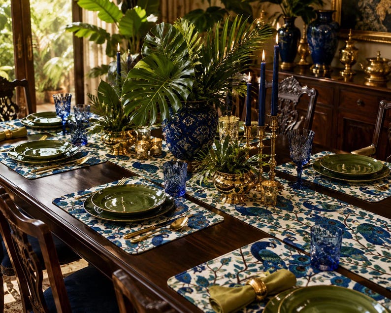 May include: A formal dining table setting with green plates, blue glassware, and gold accents. The table is adorned with a peacock-themed runner and placemats, and features a large blue vase with greenery and lit candles.