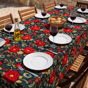 May include: A dining table set for a meal outdoors, featuring a floral tablecloth with red flowers and green leaves. White plates, wine glasses with red wine, and a basket of bread are arranged on the table. Wooden chairs surround the table.
