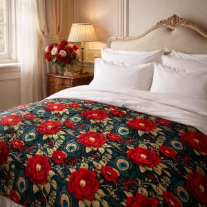 May include: A bed with white linens and a floral quilt. The quilt features large red flowers and peacock feather designs on a dark teal background. A bedside table holds a lamp and a vase of flowers.