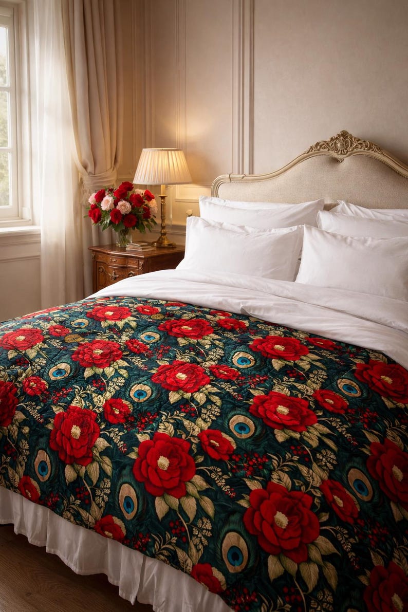 May include: A bed with white linens and a floral quilt. The quilt features large red flowers and peacock feather designs on a dark teal background. A bedside table holds a lamp and a vase of flowers.